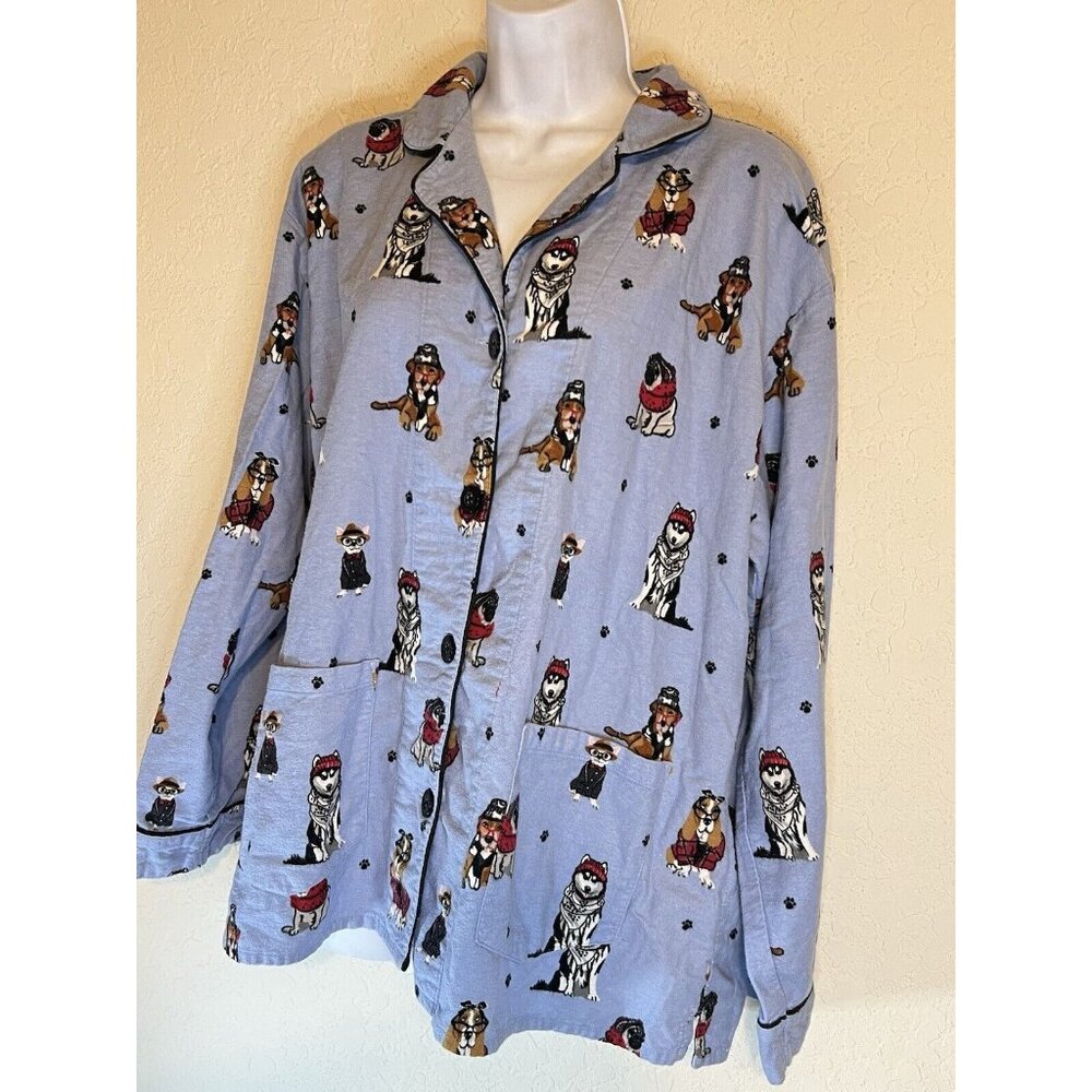 PJ Salvage Pajama Top Women's L Dogs Eyeglasses Flannel Button Up Blue - Picture 4 of 16